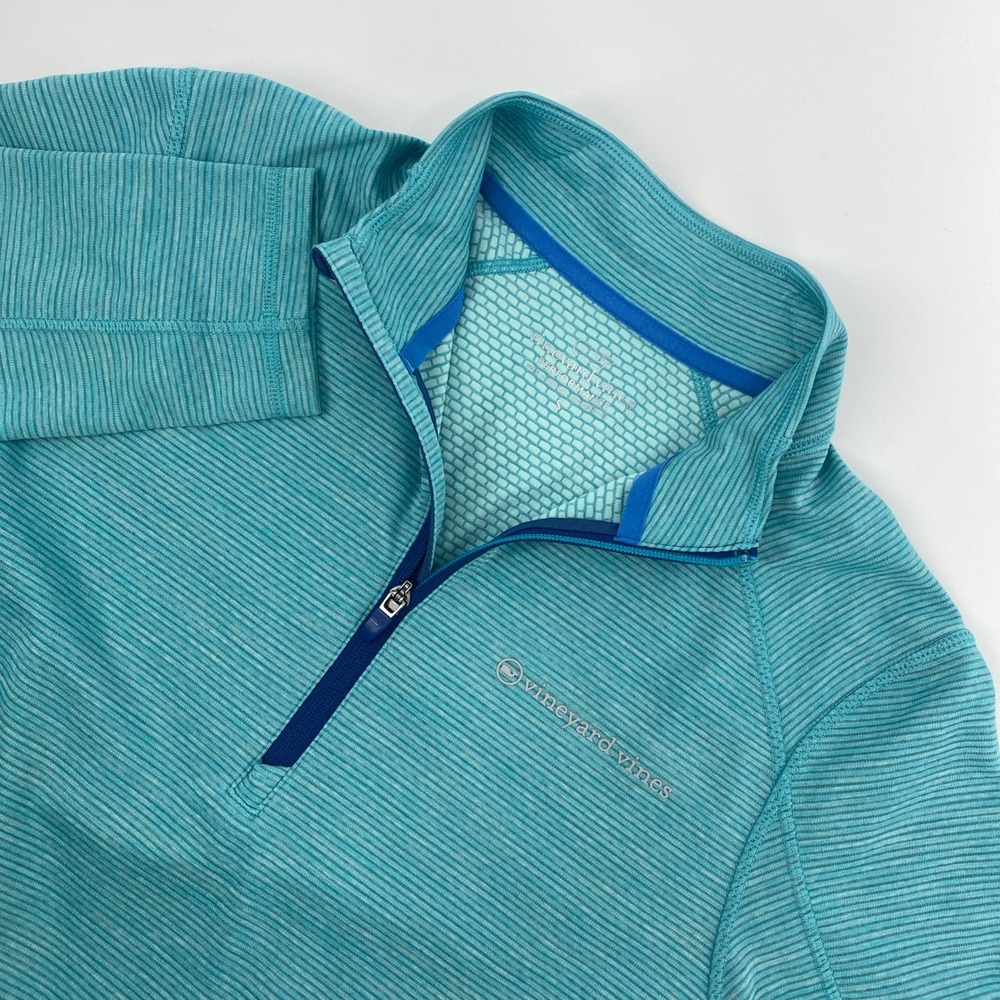 Vineyard Vines Performance Pullover Womens Small Teal Striped 1/4 Zip Coastal